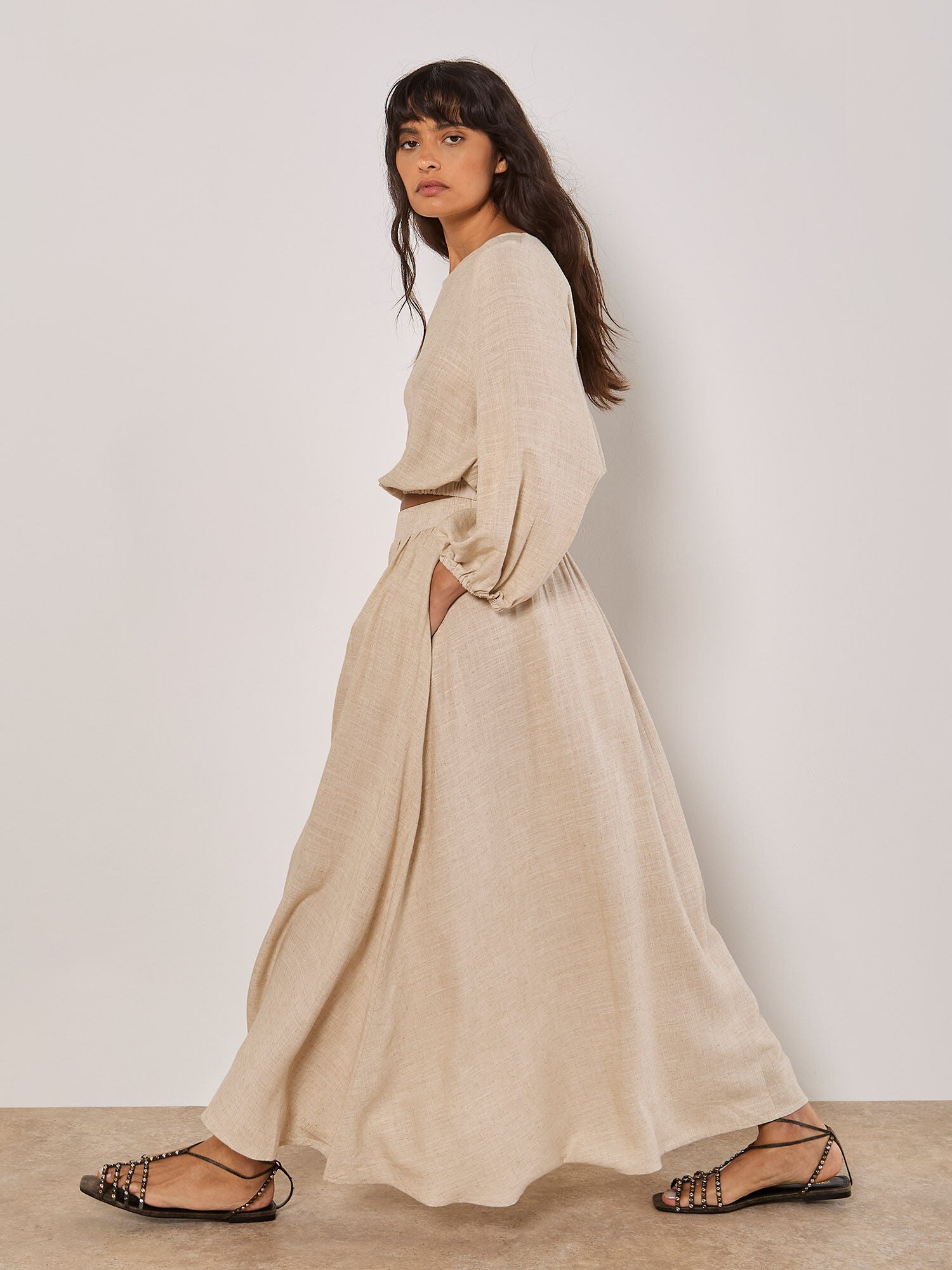 APRICOT LINEN BLEND GATHERED A LINE MAXI SKIRT
